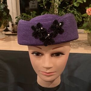 Elegant Purple Pillbox Women's Hat with Black Beaded Floral Accents
